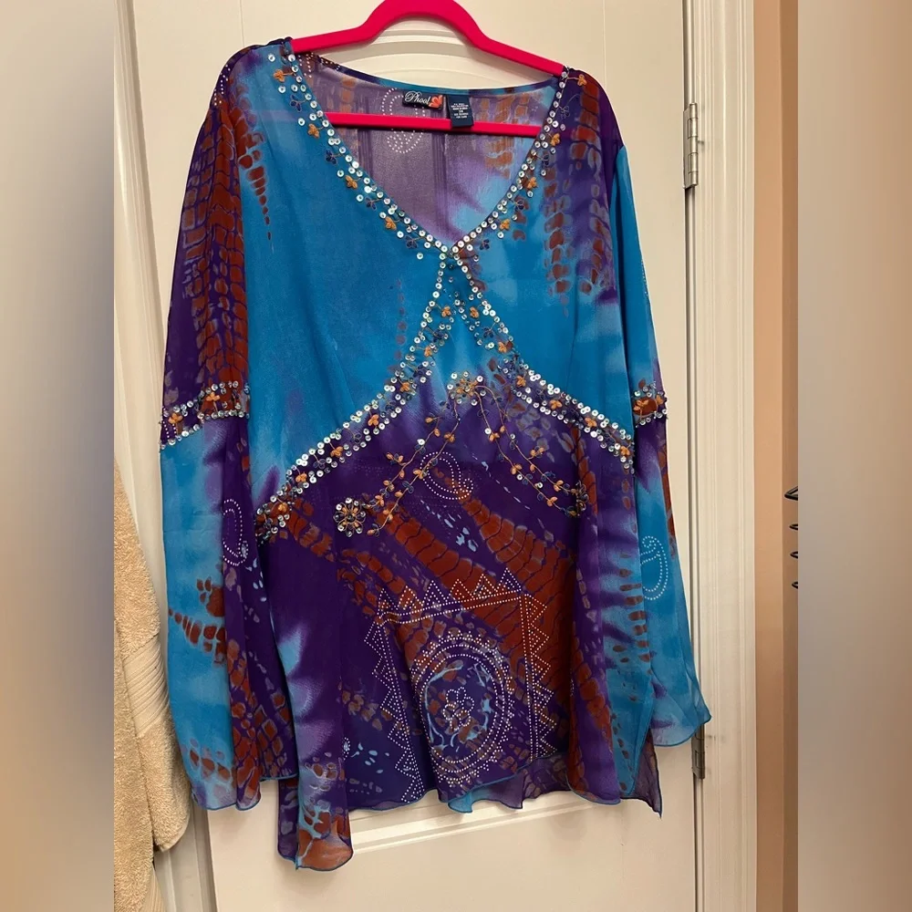 Tie dye beaded sheer top from Pyramid Collection - Picture 1 of 5